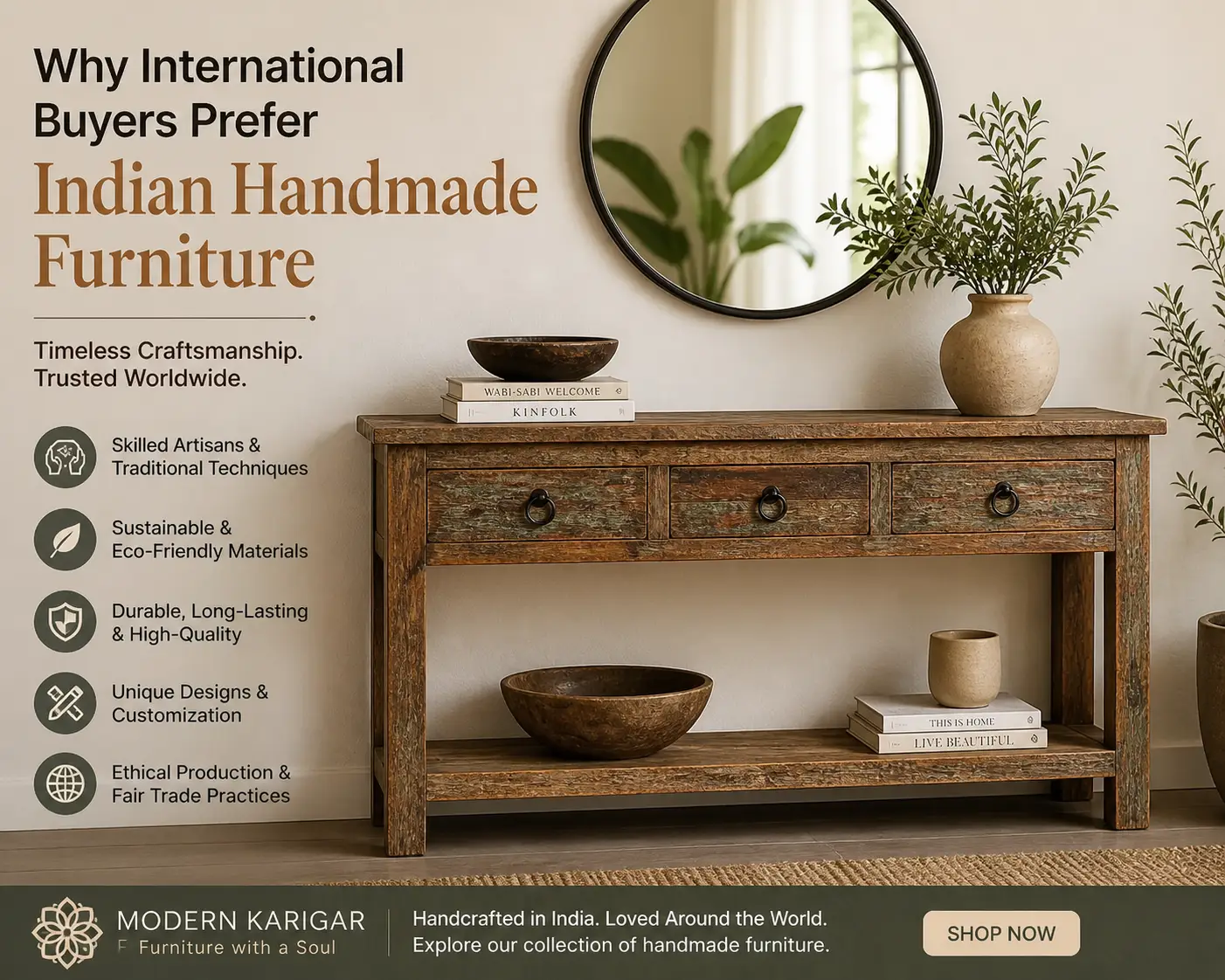 Indian handmade furniture reclaimed teak wood furniture sustainable furniture rustic modern interiors handcrafted wood furniture solid wood furniture India