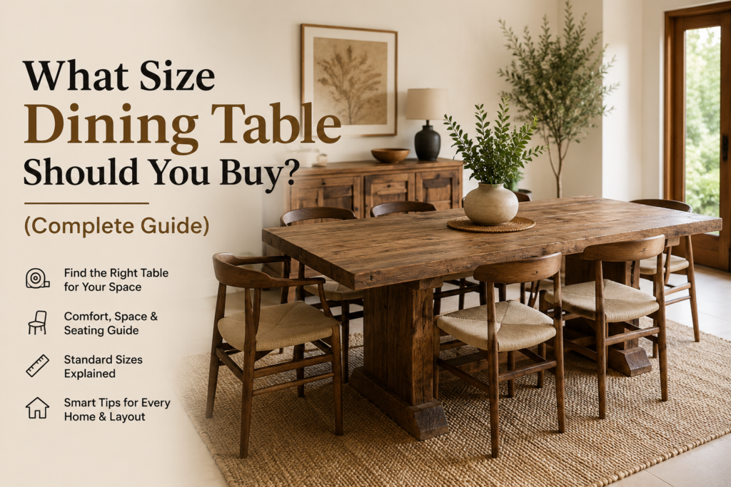 what size dining table should I buy dining table size guide standard dining table dimensions dining table seating capacity reclaimed wood dining table handmade dining table solid wood dining table dining room furniture guide dining table buying guide best dining table for home