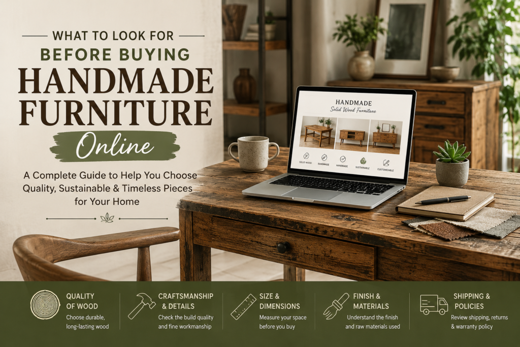 Handmade furniture online Buying handmade furniture Handmade solid wood furniture Reclaimed wood furniture Handmade dining table Solid wood furniture Sustainable furniture Custom wood furniture Handmade furniture buying guide Reclaimed teak furniture