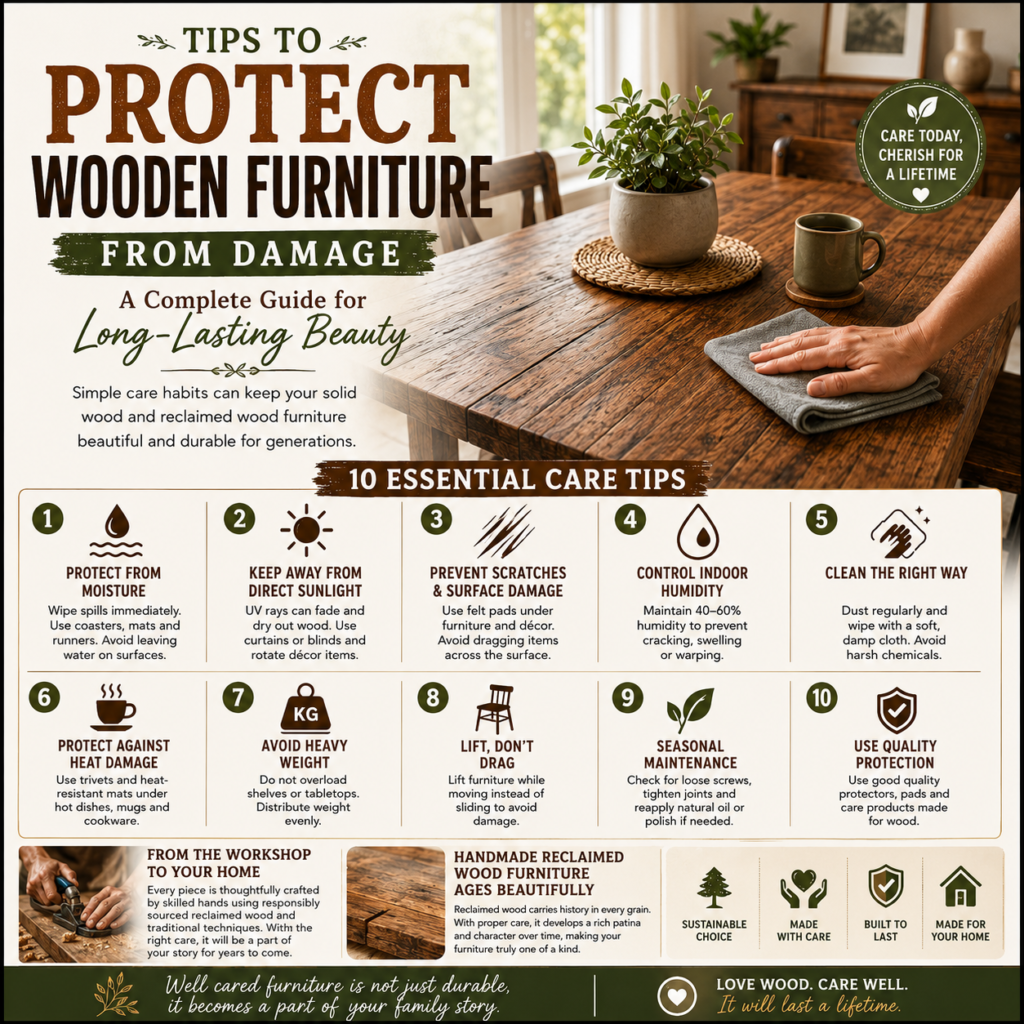 Moisture protection for wood furniture Prevent scratches on wooden furniture Furniture care guide Wood furniture maintenance Caring for reclaimed wood furniture