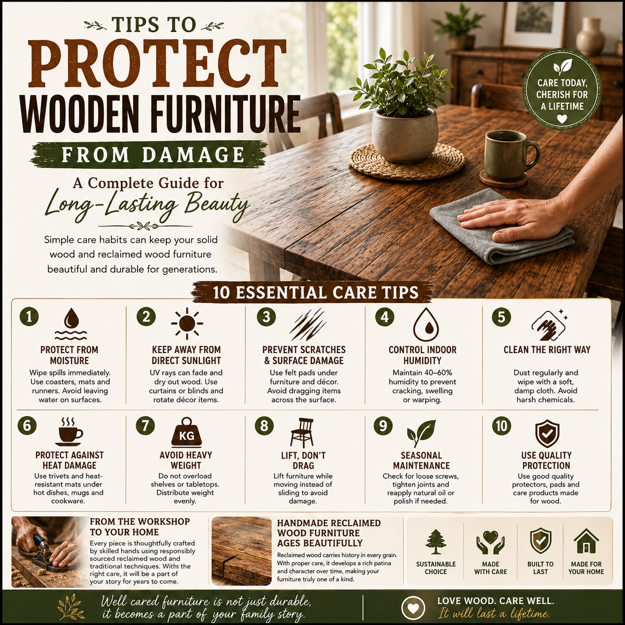 Moisture protection for wood furniture Prevent scratches on wooden furniture Furniture care guide Wood furniture maintenance Caring for reclaimed wood furniture