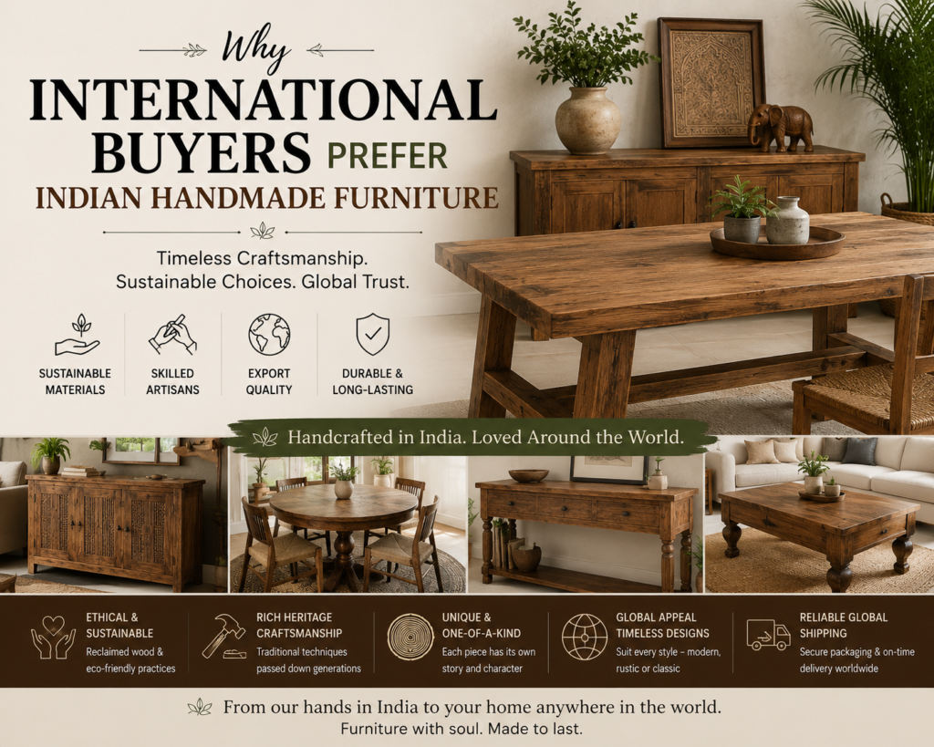 Indian handmade furniture Handmade furniture India Reclaimed teak furniture Sustainable wood furniture Solid wood furniture Luxury handmade furniture Custom wood furniture Artisan furniture Rustic wood furniture Modern wood furniture Handmade dining table Reclaimed wood dining table Furniture manufacturer India Eco-friendly furniture Export-quality furniture
