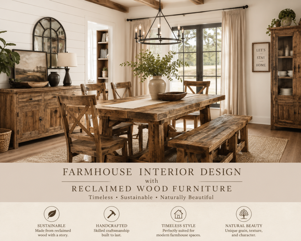 farmhouse interior design, reclaimed wood furniture, reclaimed teak wood furniture, farmhouse dining room, rustic dining room ideas, handmade wood furniture, solid wood dining table, farmhouse dining chairs, rustic sideboard, sustainable furniture, artisan furniture, handcrafted dining furniture, cozy farmhouse home, rustic home décor, timeless wood furniture, eco friendly furniture, reclaimed wood dining table, farmhouse decorating ideas, modern farmhouse interior, Modern Karigar