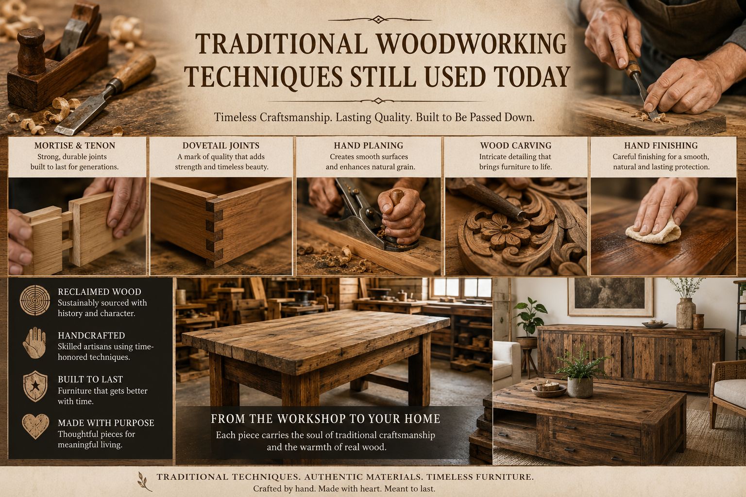 Traditional woodworking techniques Handmade wood furniture Reclaimed wood furniture Solid wood furniture Traditional joinery methods Mortise and tenon furniture Dovetail joints furniture Sustainable wood furniture Handmade reclaimed wood furniture Artisan wood furniture