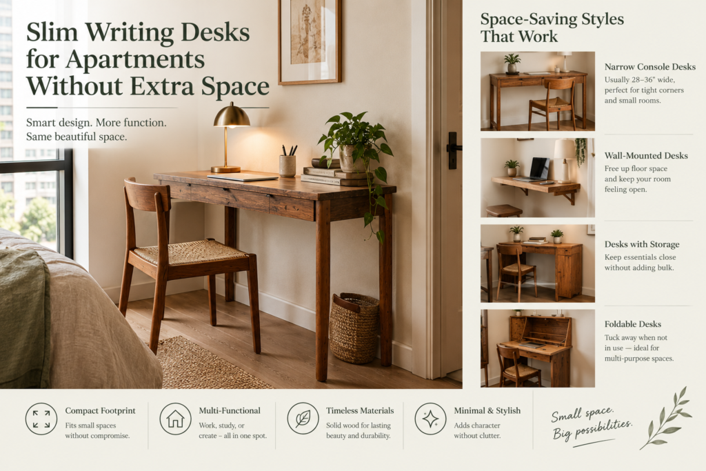 slim writing desk narrow desk for small apartment compact writing desk ideas solid wood slim desk reclaimed wood desk small apartment desk ideas shallow-depth writing desk handmade wood desk apartment home office furniture narrow desk dimensions guide