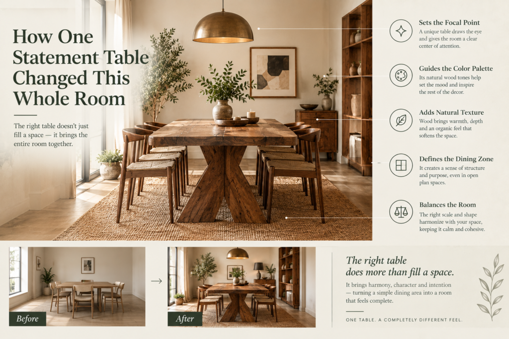 statement dining table how furniture changes a room focal point furniture ideas solid wood statement table reclaimed wood dining table room transformation furniture choosing a statement furniture piece handmade dining table reclaimed teak dining table furniture scale and proportion