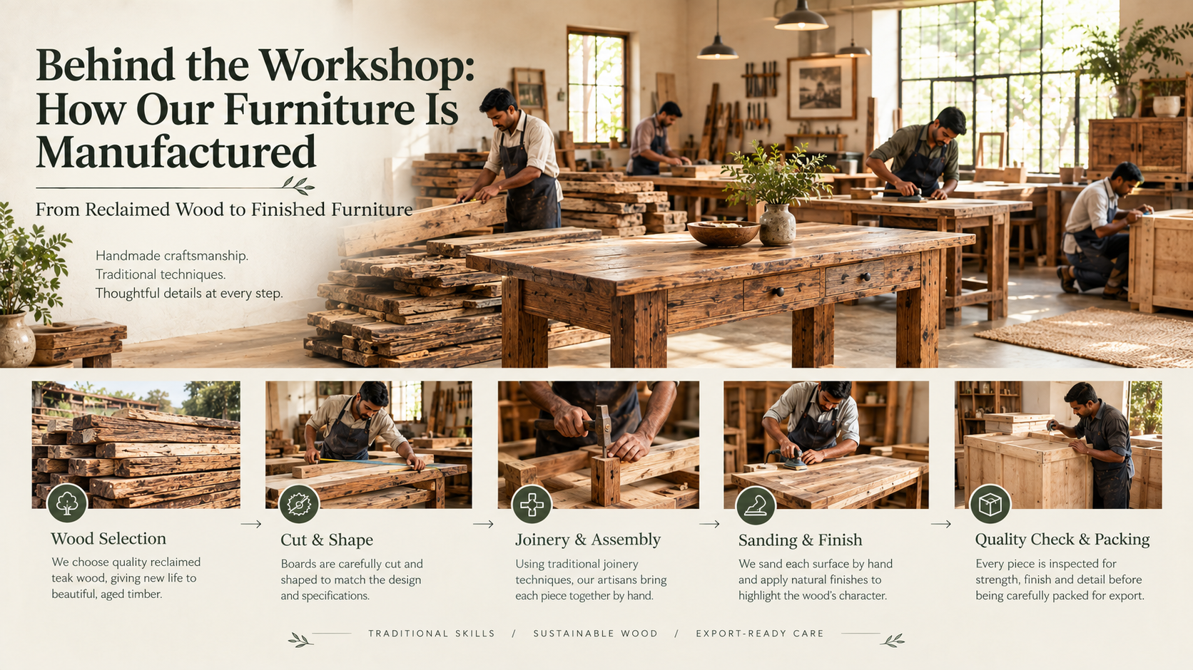 how handmade furniture is made reclaimed wood furniture process behind-the-scenes furniture making solid wood furniture manufacturing handmade furniture workshop reclaimed teak furniture process furniture joinery explained how furniture is manufactured handmade wood furniture craftsmanship reclaimed wood sourcing process