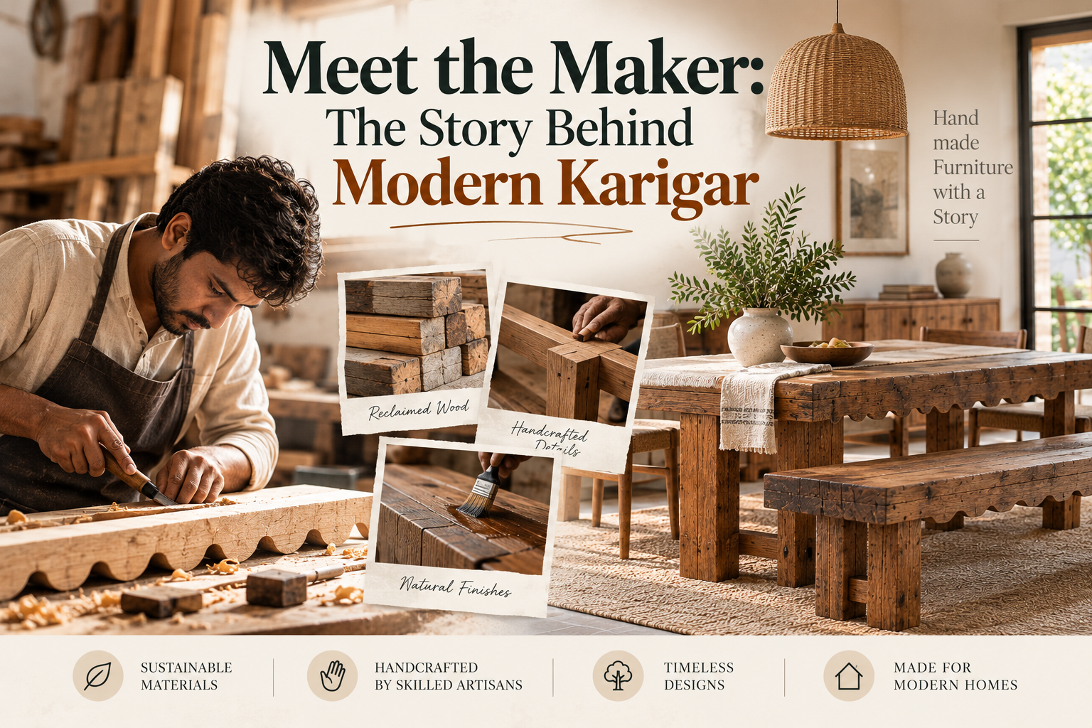Modern Karigar story Meet the maker of furniture Handmade furniture maker in India reclaimed wood furniture maker who makes handmade wood furniture handmade solid wood furniture in India reclaimed teak furniture maker What does "karigar" mean