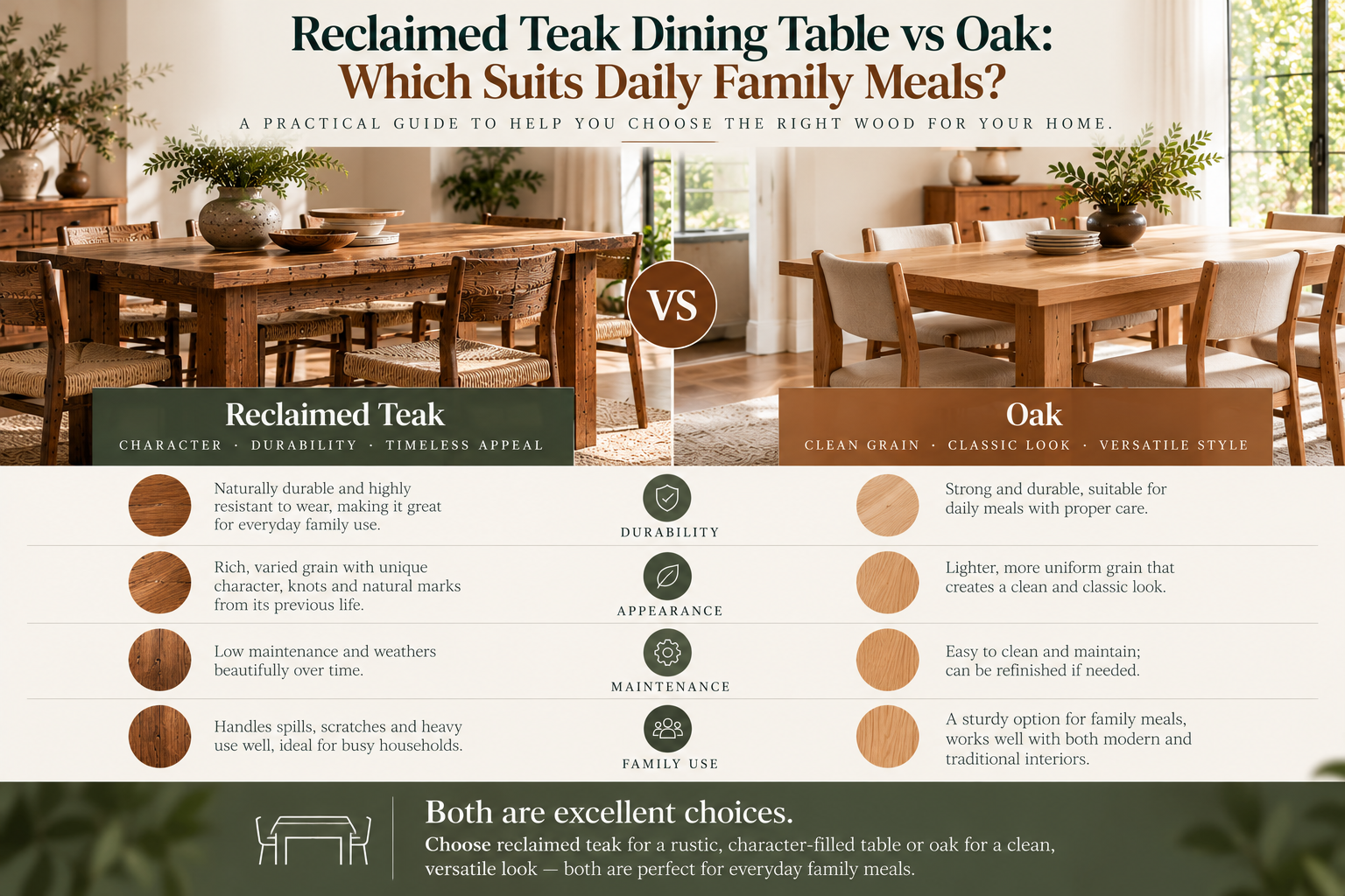 reclaimed teak dining table vs oak teak or oak dining table for family best wood for a family dining table reclaimed teak table durability teak vs oak hardness comparison solid wood dining table for daily use reclaimed wood dining table maintenance